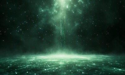 Poster - Mystical green light beams descend into a dark, starry landscape.