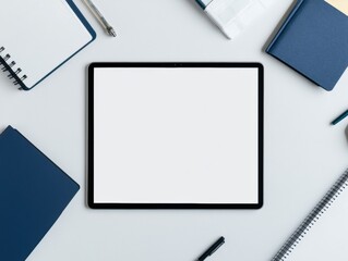 Leinwandbilder - Minimalist Digital Workspace Sleek Tablet Mockup with Navy Productivity Essentials - Next-Gen Remote Work Design for Creative Professionals