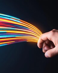 Poster - Futuristic Digital Connectivity Vibrant Data Stream Manipulation by Human Hand - Innovative Tech Visualization of Interactive Quantum Networking and Emerging AI Interaction