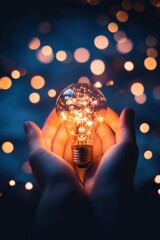 Poster - Luminous Innovation Ethereal Hands Illuminating Breakthrough Technology with Glowing Lightbulb - Inspirational Creativity and Digital Transformation Concept for Next-Gen Visionaries