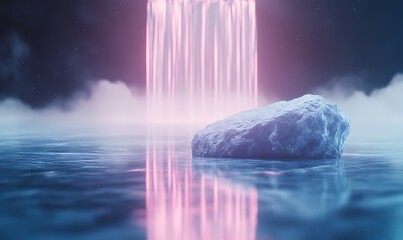 Fototapete - Surreal waterfall with vibrant pink hues cascading over a rock in a misty environment.