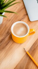 Poster - Minimalist Workspace Inspiration Bright Yellow Coffee Mug, Pencil and Laptop - Modern Productivity Aesthetic for Digital Creators and Remote Work Culture