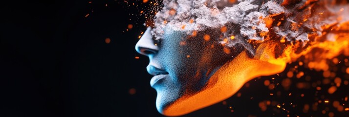 Poster - Neuromorphic AI Evolution Explosive Digital Transformation Visualizing Cognitive Computings Emotional Intelligence Through Cinematic Particle Disintegration
