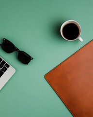 Poster - Minimalist Digital Nomad Workspace Sage Green Aesthetic, Modern Freelance Productivity with Sleek Tech and Coffee Inspiration for Remote Work Culture