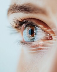 Poster - Futuristic Biometric Identity Tech Hyper-Detailed Human Eye with Digital Scan Overlay, Revealing Next-Gen Personal Security and AI Recognition Innovations