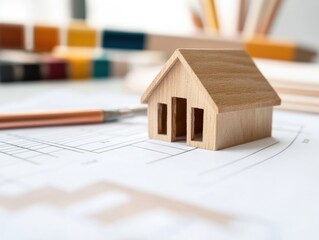 Poster - Minimalist Architectural Vision Sustainable Wood Miniature Model on Blueprint - Next-Gen Design Innovation for Smart Urban Planning and Real Estate Development