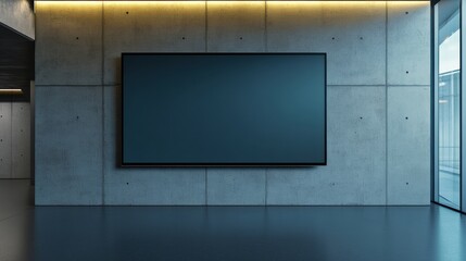 Aufkleber - Minimalist Digital Signage Mockup Sleek Concrete Tech Hub Interior with Ambient Lighting - Innovative Workspace Design for Future-Focused Brands