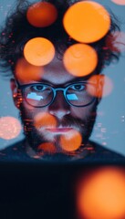 Aufkleber - Immersive Digital Persona Cinematic Portrait of Creative Professional with Augmented Reality Bokeh - Next-Gen Branding and Innovative Millennial Workspace Aesthetic