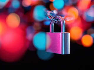 Poster - Cybersecurity Fusion Metallic Digital Protection Padlock in Vibrant Neon Techscape - Next-Gen Data Encryption and Privacy Innovation