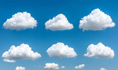 seven fluffy cumulus clouds against a vibrant blue sky; perfect for serene background or weather con