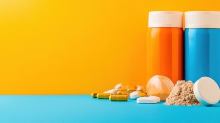 Fototapete - Minimalist Performance Nutrition Vibrant Color-Block Athletic Supplement Composition Showcasing Advanced Recovery and Wellness Optimization