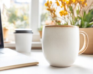 Aufkleber - Minimalist Remote Work Sanctuary Soft-Textured Ceramic Mug in Serene Natural Light - Ergonomic Home Office Wellness and Productivity Inspiration
