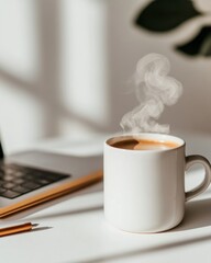 Aufkleber - Minimalist Remote Work Sanctuary Steaming Coffee, Soft Shadows and Productive Workspace - Wellness-Driven Digital Nomad Lifestyle Imagery