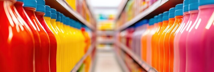 Poster - Vibrant Retail Experience Minimalist Grocery Aisle Design with Colorful Beverage Packaging - Sensory Merchandising and Consumer Engagement Trends