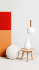 Poster - Minimalist Nordic Design Showcase Geometric Spherical Sculptural Elements with Warm Wood Tones - Contemporary Interior Styling and Abstract Artistic Composition