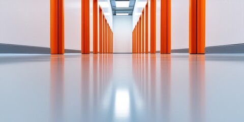 Poster - Minimalist Tech Innovation Corridor Sleek Orange Architectural Perspective Showcasing Future-Forward Design, Advanced Spatial Dynamics and Immersive Corporate Environment