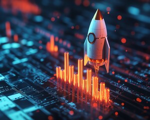 Aufkleber - Startup business development, rocket ascending alongside growing bar graph, abstract success concept, dynamic upward movement, highquality 3D rendering, generative AI