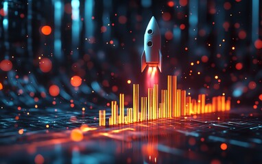 Poster - Business success strategy, rocket ascending next to growing bar graph, startup development, abstract growth visualization, 3D rendering, generative AI