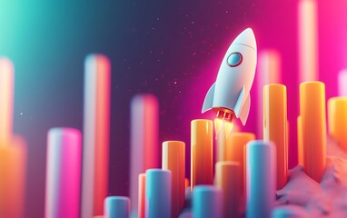 Aufkleber - Business success strategy, rocket ascending next to growing bar graph, startup development, abstract growth visualization, 3D rendering, generative AI