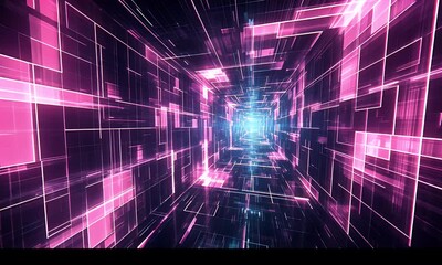 Fototapete - Futuristic digital tunnel.  Abstract glowing, vibrant tunnel.  Complex network of glowing lines.  Dynamic,  technological pathway