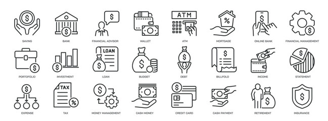 Sticker - set of collection line icons related personal finance, economy, money, income. editable stroke. perf