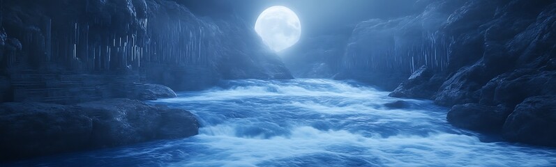 Poster - A serene night scene featuring a glowing moon above a flowing river in a mystical landscape.