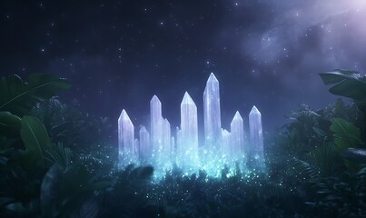 Fototapete - Luminous crystals rise from a mystical forest, emitting a soft glow in a serene atmosphere.