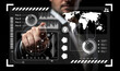 © Luke - Businessman Interacting with Futuristic Digital Interface Displaying World Map and Data Visualization for Modern Technology Investment Analysis