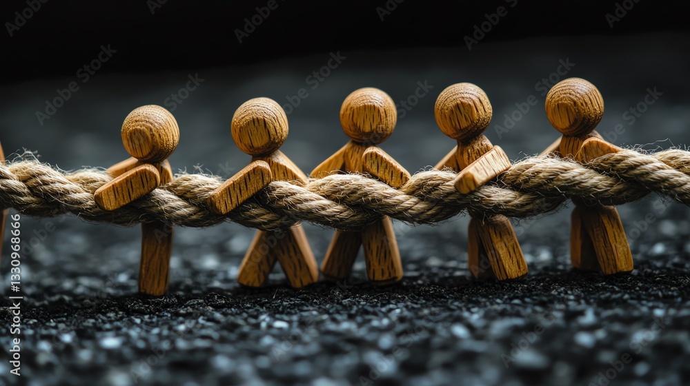 Teamwork concept with wooden figures pulling a rope, symbolizing ...