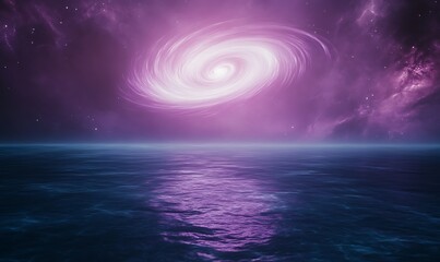 Poster - Cosmic galaxy above tranquil ocean waters under a starry sky.