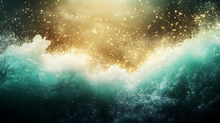 Aufkleber - Waves crashing with shimmering golden light reflecting on turquoise water.