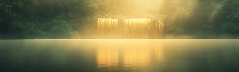 Poster - Serene waterfall glows under soft light, reflecting on calm water surface amidst lush greenery.