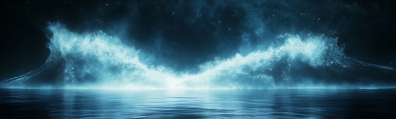 Fototapete - Majestic waves illuminated in a dark setting, creating a serene and mystical atmosphere.