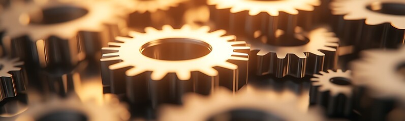 Poster - Close-up view of interlocking metallic gears with a warm glow, symbolizing engineering and machinery.