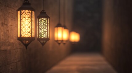 Poster - Elegant lanterns illuminate a shadowy corridor, creating a warm and inviting atmosphere.