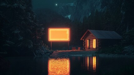 Wall Mural - Cozy Cabin Lake Neon Sign Night Landscape    Tranquil Nature Scene