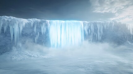 Poster - Ice waterfall cascading down a frozen landscape, surrounded by mist and a serene atmosphere.