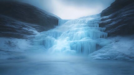 Poster - A serene frozen waterfall surrounded by icy cliffs and misty atmosphere.