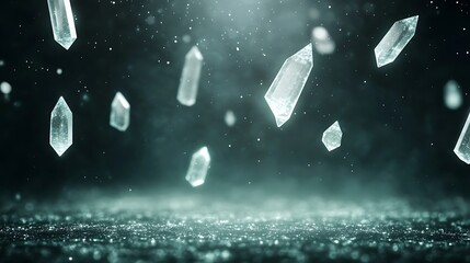 Fototapete - Falling crystals create a mystical atmosphere with shimmering reflections in a dark, ethereal space.