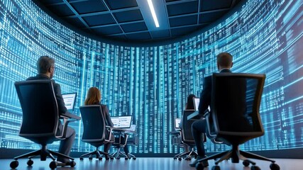 Analyzing Data: Professionals engaging in a digital data review, their focus drawn towards the digital interface. 