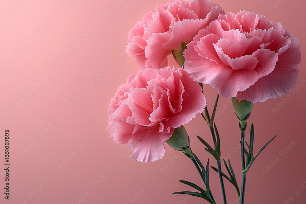 pink carnations on the right side of a solid light pink background ...