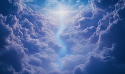 Fototapete - Heavenly clouds parting to reveal a bright light in a serene sky.