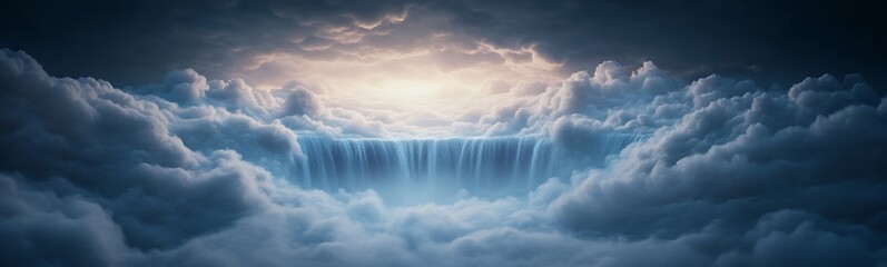 Fototapete - Ethereal waterfall cascading from clouds beneath a luminous sky.
