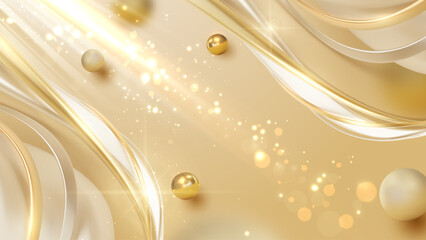 Wall Mural - Cream luxury background with metallic curves and golden balls with glowing effect decoration.