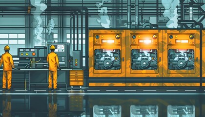 Manufacturing plant with machinery and workers.