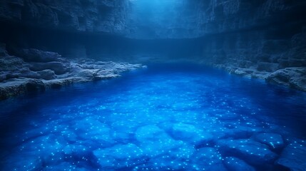 Wall Mural - underwater cave with stunning blue water and rock formations illuminated by soft light.
