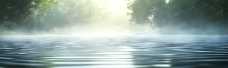 Fototapete - Serene water surface reflecting mist and soft light in a tranquil natural setting.