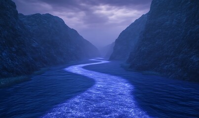Poster - A winding river flows through dark, misty mountains under a moody twilight sky.