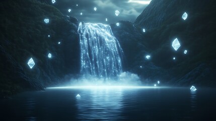 Fototapete - A mystical waterfall surrounded by glowing crystals in a serene landscape.