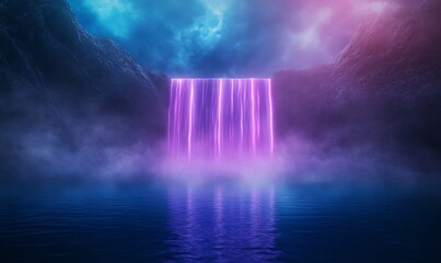 Fototapete - A vibrant, surreal waterfall surrounded by mist and illuminated by colorful lights.